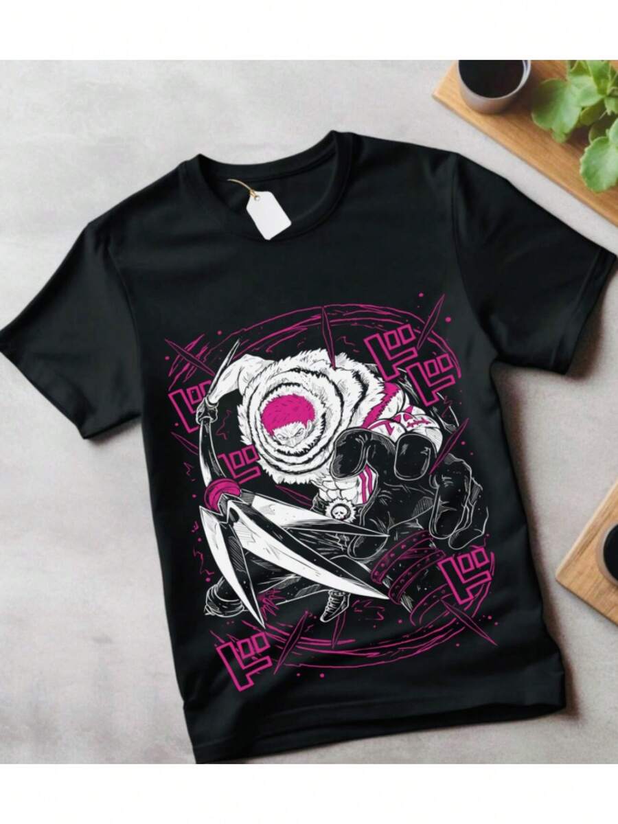 Unisex Anime Retro Comic T-shirt för kvinnor - T-shirt med japanska animemönster, dynamiska actionposer och svärdkämpsmotiv, kombinerat med en rosa retrostil. Det är en unisex-tröja med rund hals, lämplig för konferenser och vardagsbruk - en idealisk present för anime-fans - mjuk och luftig. Sommartoppar, skjortor, t-shirts, damtoppar, t-shirt, pullover, festival-t-shirt, -shirt, -skjortor, t-shirt, gym, sommaroutfits - Svart - Visa 1