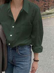Camisa casual de manga larga con hombros caídos, bolsillos y holgada para mujer, primavera otoño - Verde Oscuro - Ver 2