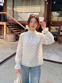 女款心形立領寬鬆休閒長袖襯衫，春秋白色 - 白色 - 查看 5