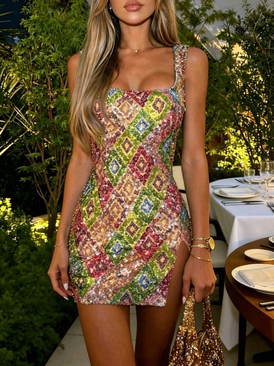 Women Sequin Sparkly Crystal Mini Dress Sleeveless Backless Glitter Dresses Bodycon Slip Party Club Dress - Rượu sâm banh - Xem 1