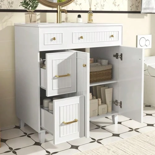 Bathroom Cabinet With Sink 81.7cm - Standing Bathroom Cabinet With Ceramic Washbasin, Lacquered Surface, Multifunctional Storage Space & Solid Wood Feet In A Modern Luxury Design - White - 白色 - 查看 1