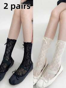 2 paia - Calze alla caviglia minimaliste in pizzo nero e bianco con fiocco, calze in rete sottile da donna per primavera/estate, adatte per scarpe, mocassini, pendolarismo, campus e appuntamenti - Multicolore - Visualizzare 6