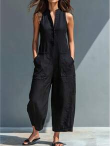 Women's Casual Sleeveless Jumpsuit, Stand Collar Button Down Wide Leg Romper With PocketsNEUROVACUUM - Black - View 6