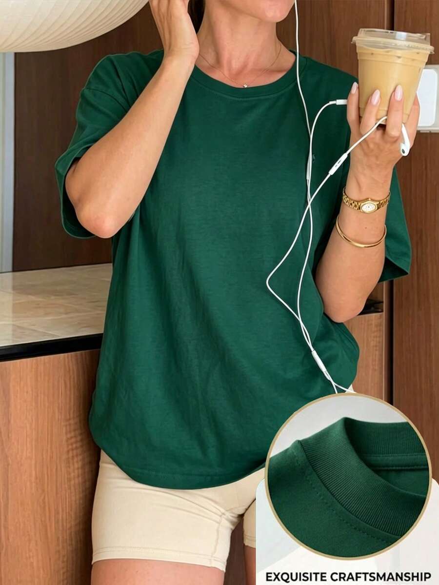 Áo thun ngắn tay cổ tròn kiểu dáng thường ngày mùa hè, áo nữ thời trang đa năng. - Màu xanh lá cây đậm - Xem 1