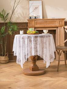 1 pieza Mantel con estampado floral y relieve de encaje estilo pastoril francés, cubierta de mesa de comedor, decoración navideña - Blanco - Ver 5