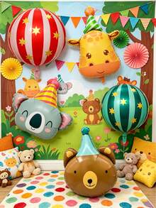 1 Set Cute Animal Head Balloons And 4D Striped Stars, Suitable For Birthday Party Decorations, Animal Themed Party Decorations, Hawaiian Jungle Themed Party Decorations, Children Outdoor Toys - View 2