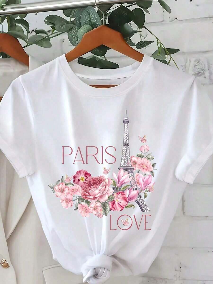 1 pieza de camiseta con estampado de paisajes de París y motivos de amor de San Valentín, top casual de manga corta y cuello redondo, ropa elegante para mujer para todas las estaciones, 180g 100% algodón. - Blanco - Ver 1