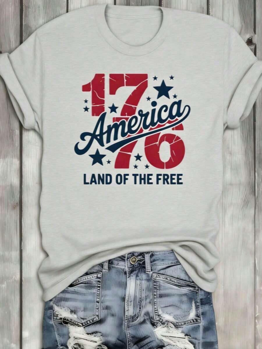 1 Camiseta "American Freedom 1776", Camiseta Blanca de Cuello Redondo, Camiseta de Mujer "America 1776" – Camiseta Vintage Desgastada con Gráfico de 1776 y Estrellas, Cuello Redondo, Estilo Casual para el 4 de Julio - Gris - Ver 1
