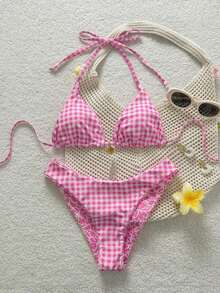Swim Mod Women's Sweet Pink Floral Patterned Reversible Bikini Set - 多色 2 - 查看 3