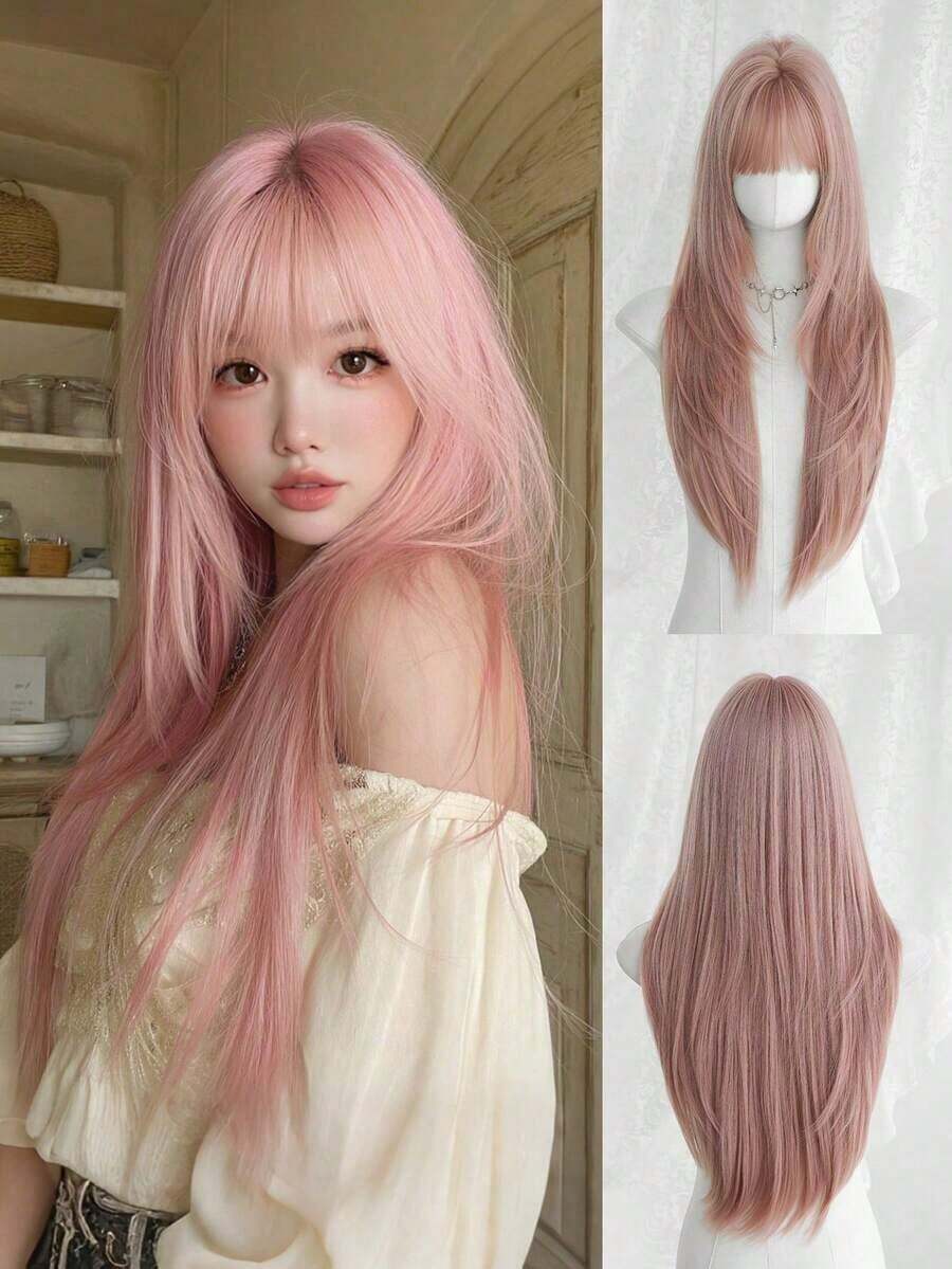 30 Inch Pink Long Layered Straight Wigs For Women - Elegant Wig With Bangs- Dark Roots, Natural Looking Fluffy Very Soft Synthetic Heat Resistant Fiber Full Machine Hair Wig For Girls Daily, Music Festival Party, Cosplay Anime Use, Gift For Friend - 粉色 - 查看 1