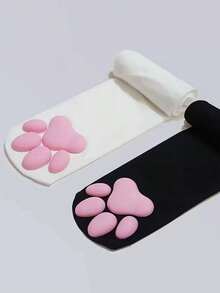 Women 3D Paw Detail Cute Over The Knee Socks For Daily Life, Cozy - 黑色 - 查看 2