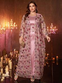 UNITHORSE Plus Size Women's Round Neck Batwing Sleeve Long Sequin Contrast Mesh Embroidered Belt 2-Piece Turkish Robe Dress Vacation Pink - Pink - View 3