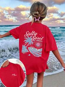 2026 Tropical Vacation Outfits2026 New Arrival Women's High Quality Salty Soul Graphic T-Shirt, Premium Cotton Vintage Washed Oversized Tee With Palm - 紅色 - 查看 12