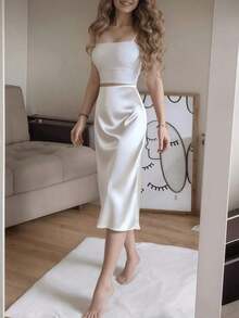 negro elegante de talle alto con abertura alta y botones para mujer, primavera - Blanco - Ver 4