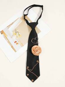 1 pieza Accesorio de camisa con corbata de mujer de estilo JK en color caqui/negro con decoración de perla falsa en forma de corazón y rosa 3D - Multicolor - Ver 4