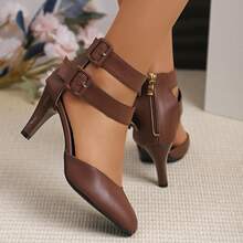 Women's Solid Color Elegant Party Fashion High Heels, PU Leather Zipper, Spring/Summer - Brown - View 2