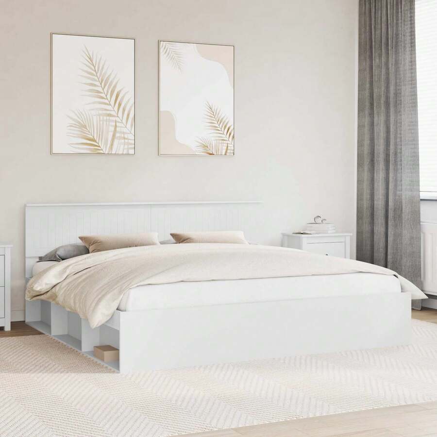 vidaXL Bettrahmen mit Kopfteil Weiß 200 x 200 cm Massives Kiefernholz - Weiss - Übersicht 1
