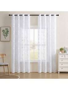 1pc White Embroidered Curtain, Decorative White Embroidered Faux Linen Ring Top Curtain, Suitable For Home Kitchen, Living Room And Bedroom - White - View 31