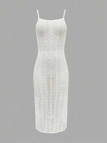 Women's French European & American Solid Color Sexy Knit Hollow See-Through Beach Backless Sleeveless Spaghetti Strap Dress Vacation White Summer - White - View 8