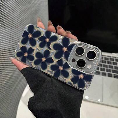1pc Feather Yarn Shell IMD Full Screen Blue Floral Pattern Phone Case Personalized Applicable For IPhone 16 Pro Max Phone Case 17/16/15/14 Plus/13/12/11 Protective Case Air
