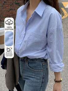 Off-The-Shoulder Shirt With Pocket, Women's Casual Button-Down Shirt, Loose-Fitting White Long-Sleeved Collared Shirt, Women's Blouse For Spring/Autumn, Professional/Business/Work Attire, Long-Sleeved Blouses - 藍色的 - 查看 1