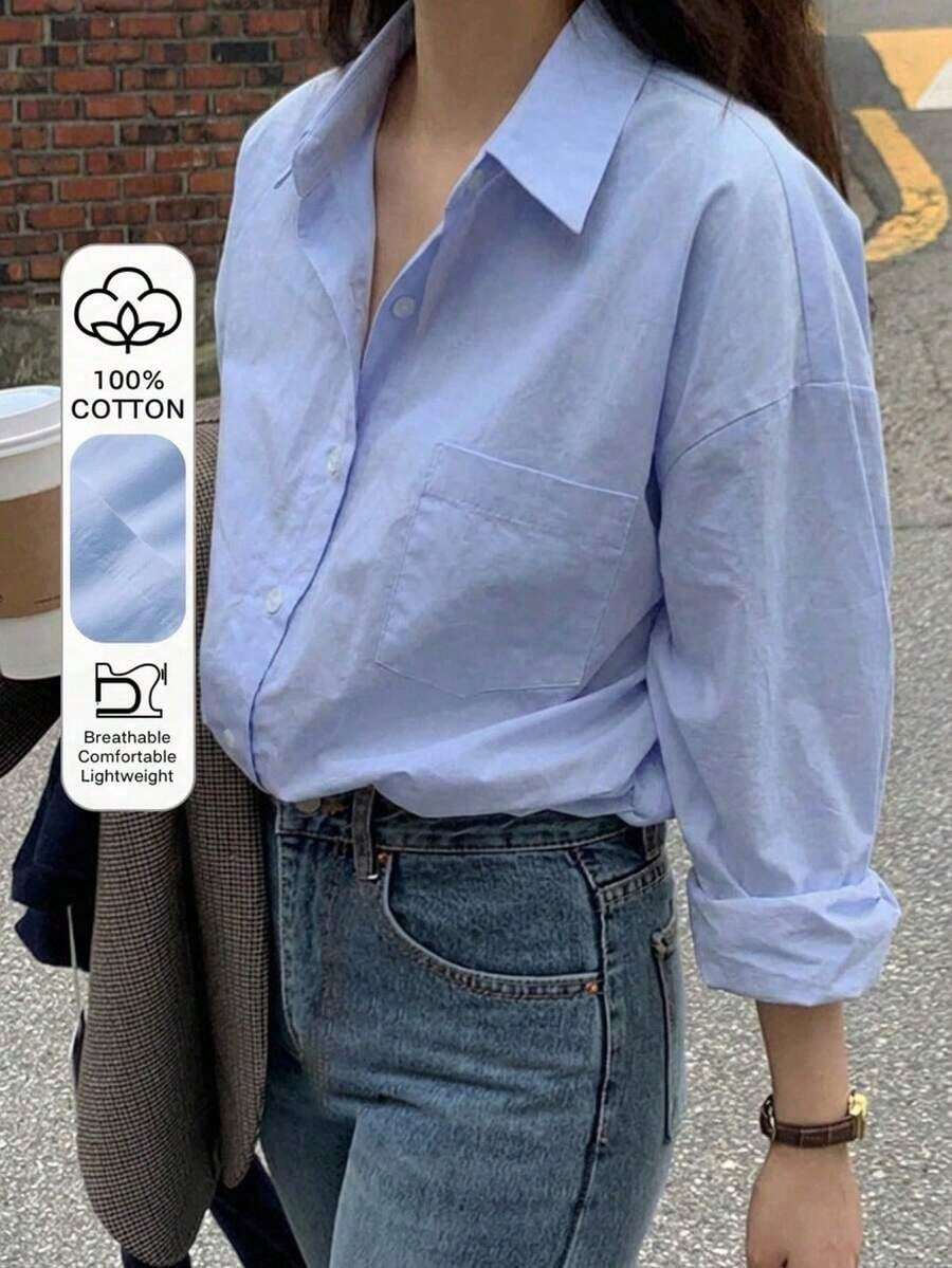 Off-The-Shoulder Shirt With Pocket, Women's Casual Button-Down Shirt, Loose-Fitting White Long-Sleeved Collared Shirt, Women's Blouse For Spring/Autumn, Professional/Business/Work Attire, Long-Sleeved Blouses - 藍色的 - 查看 1