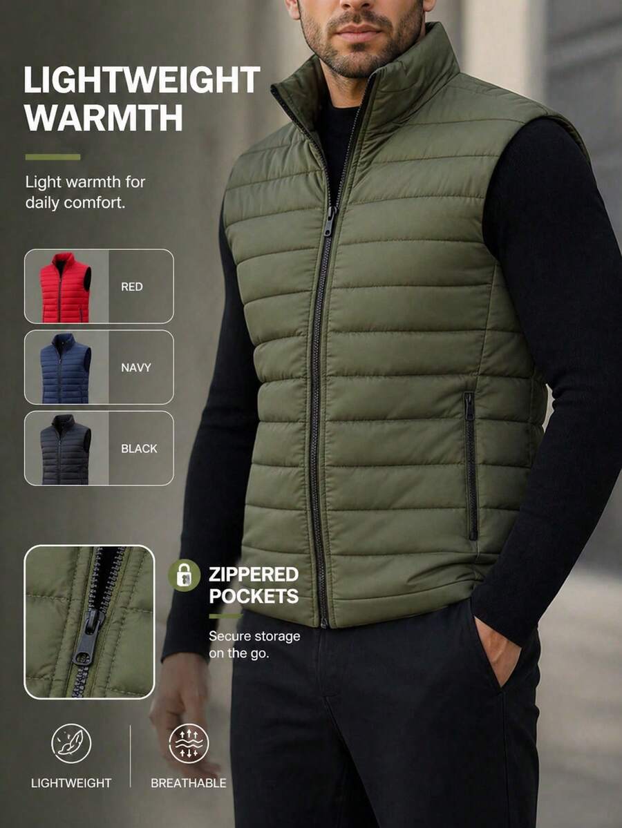 Men's Sleeveless Puffer Vest Lightweight Zipper Stand Collar Casual Outerwear, Autumn/Winter Sports - Army Green - View 1