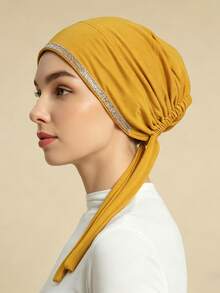 1pc Women's Fashionable Solid Color Rhinestone Headscarf, Versatile Hijab Headwrap, Suitable For Daily Wear, Holiday, Travel Essential - Ginger Yellow - View 4