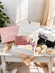 1 pieza Caja de regalo personalizable con cinta con nombre, Caja de regalo plegable, Caja de regalo magnética, Caja de regalo de boda, Caja de regalo personalizable con nombre de dama de honor, Caja de regalo personalizable con tapa y cinta, Regalo personalizado de boda/cumpleaños/Día de San Valentín con caja de regalo para dama de honor - Multicolor - Ver 4