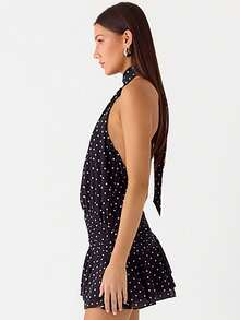Women's Pleated Waist Sheer Mesh Ruffle Mini Dress Summer Casual Halter Neck High Neck Bodycon Short Dress Self-Tie Backless Sundress Party Clubwear - F9897-Black Dots - 查看 5