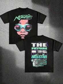 Leisure, Fashion 1 PcsT Shirt Print ,Graphic-Cotton Tees Size Plus, Cartoon Round Neck Short Sleeve, Hellstars The Future Is Hellstars Spiked Goggles Y2K T-Shirt Double Sided Printed (220g 100% Cotton T-Shirt), Summer Clothes, Men's Tops, Casual And Comfortable, Fashionable Graphic Tee, Unisex Style,Y2K,Oversized Shirt Men,With Shirt,Summer Tops,Shirt Suitable180g 100% Cotton Thickened Cotton Graphic Shirts - 黑色 - 查看 8