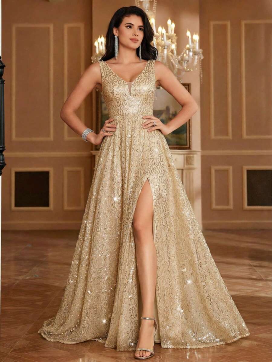 Đầm dạ hội thanh lịch đính sequin cổ chữ A xẻ cao, cổ chữ V dành cho nữ, thích hợp cho các dịp trang trọng như đám cưới, lễ tốt nghiệp, tiệc tùng. - Rượu sâm banh - Xem 1