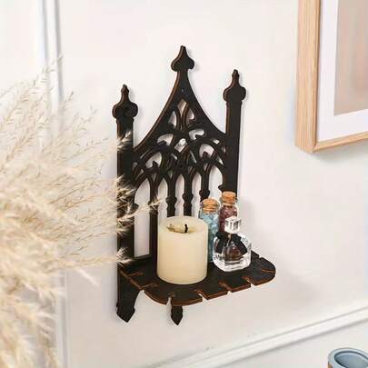 1 chiếc kệ treo tường hình hàng rào gỗ phong cách Gothic cổ điển, tối giản và thanh lịch, phù hợp trang trí nhà cửa, phòng ngủ, phòng khách, quán cà phê, Halloween, Giáng sinh, sân vườn với thiết kế họa tiết cửa sổ rỗng màu đen.