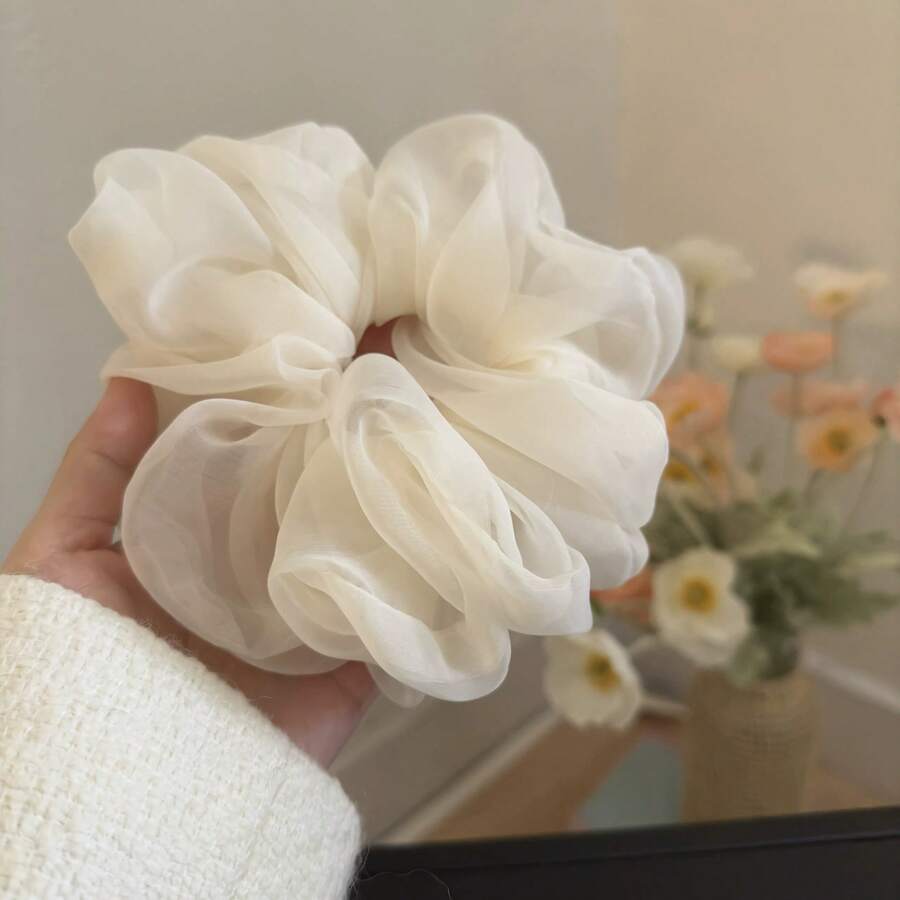 1pc French Mesh Big Scrunchie, High-End Hair Tie For Ponytail, Chiffon Extra Large Hair Scrunchie - Beige - View 1