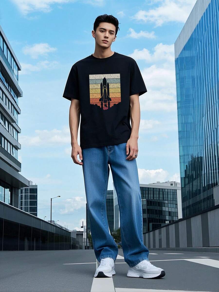 Camiseta de cohete colorido para hombres - Negro - Ver 1