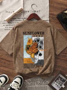 Summer New Casual Floral & Black Cat Print Round Neck Tie-Dye Short Sleeve T-Shirt, Fashionable & Versatile Blouse For Women - Brown - View 4
