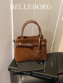 BELLEBORG 高級休閒拼色通勤復古帆布扣環百搭女款小方包 - 咖啡 - 查看 9