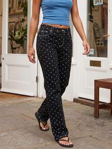 Women's Slim Fit Denim Pants Mid Rise Tapered Leg Stretch Jeans With Black Spotted Pattern - Black - View 4