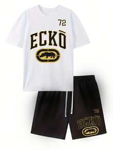 Men's ECKO Casual 2 Piece Shorts Set, Graphic T Shirt And Shorts Outfit, Summer Streetwear, Athletic Matching Set, Breathable Soft Fabric, Sports Tracksuit, Fashion Outfit, Ideal For Gym, Running, Training, Travel Vacation, Beach - 2W - 查看 2