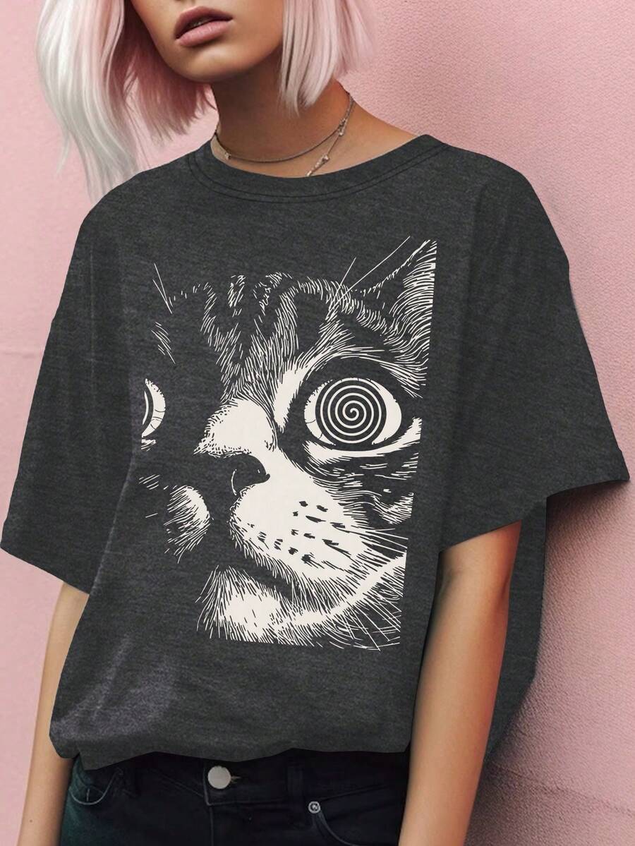 Camiseta gráfica de manga corta y hombros caídos con estampado de gato para mujer de talla - Blanco - Ver 1