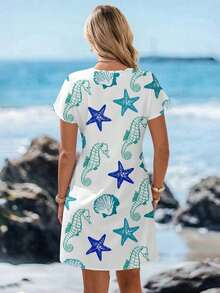 Vestido corto casual para mujer, color blanco con estampado marino de estrellas de mar, caballitos de mar y conchas, cuello en V y mangas cortas, diseño fresco y holgado, ideal para primavera-verano, playa, vacaciones y salidas informales - Multicolor 21 - Ver 8