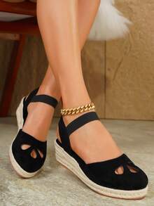 Women's Comfortable Non-Slip Apricot Linen Rope Platform Wedge Sandals, Suitable For Spring And Summer Vacation - Black - View 7