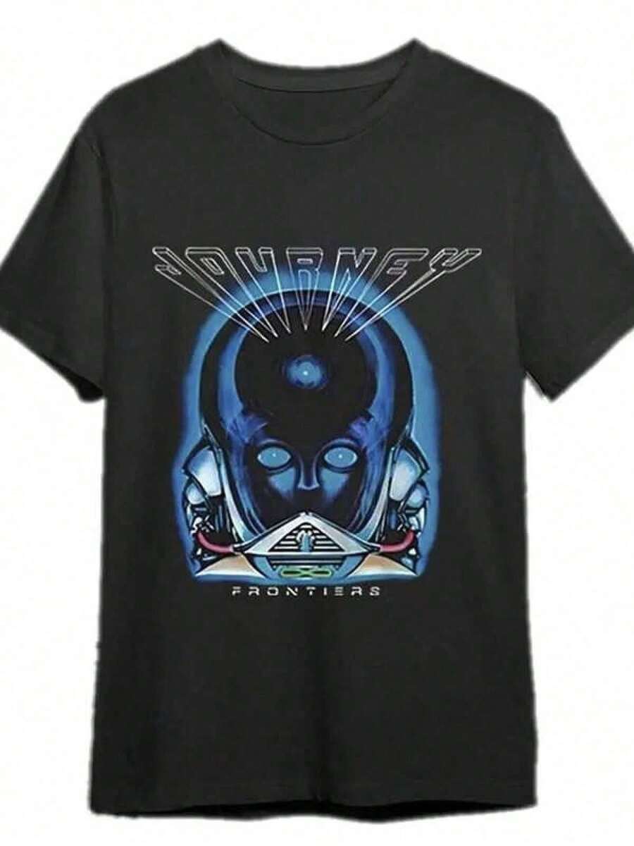 Journey Frontiers Album Cover Art Rock Band Tour T-Shirt Cotton Graphic Print Short Sleeve Crew Neck Casual T-Shirt For Men Machine Washable Perfect Gift For Fans Men's Size Clothing Printed Cotton Retro Fashion Brand T-Shirt, Men's T-Shirt, Beach Essential, Men's Summer T-Shirt, Holiday Gift, Perfect Present. WFJK - Black - View 1