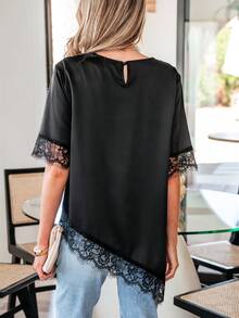 High-Low Hem Lace Stitching Elegant Women Top Black Summer - Black - View 3