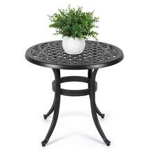 Mesa bistró de patio de aluminio fundido resistente al óxido – Mesa auxiliar redonda con patas ajustables – Resistente a la intemperie, diseño decorativo de cuadros – Ideal para jardín, porche, balcón, patio trasero – Negra - Mesa de aluminio fundido - Ver 5
