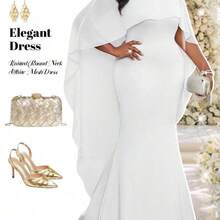 Fleurora Plus Size Women 2025 New Spring, Summer, Autumn And Winter Plus Size Knitted Round Neck White Mesh Splicing Cape Shape Waist Long Fishtail Plus Size Dress Fall Women Wedding Guest Dress Women,Homecoming Dress All White Mermaid Dress White Formal Evening Gown Outfit For Party - Blanco - Ver 4