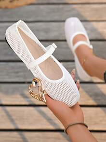 New Women's Mesh Mary Jane Flat Shoes, Breathable Hollow Out, Versatile Square Toe Casual Comfortable Buckle Strap Low Vamp Solid Color Daily Wear, Plus Size - White - View 14