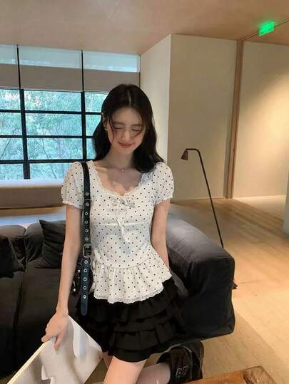 荷叶边拼接波点短袖衬衫，优雅修身纯色夏季女式上衣 白色