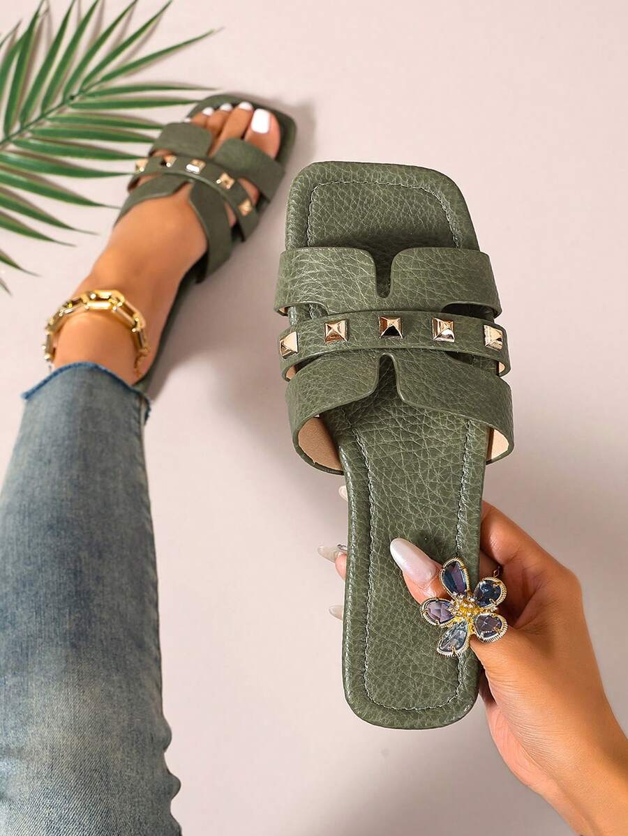 Ximi Ruo New Spring/Summer Fashion Casual Strap Slide Sandals, Comfortable Flat Heel Round Toe Slip-On Beach Slippers, Versatile Decorative Flat Sandals For Summer - Green - View 1