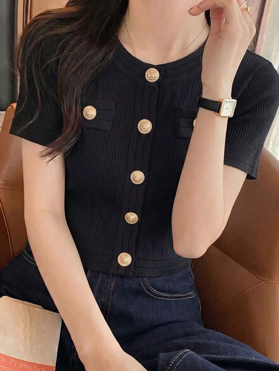 優雅年輕女性黑色條紋紋理短袖立領短版羊毛開襟衫，女士休閒性感辣妹上衣夏季款 - 黑色 - 查看 1